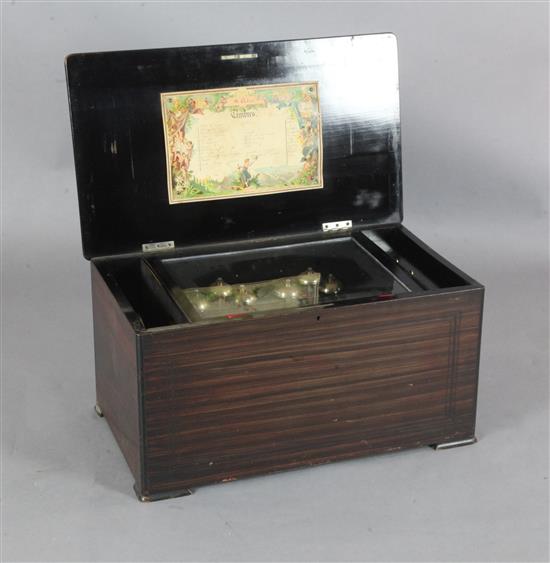 A late 19th century Swiss marquetry inlaid rosewood and simulated rosewood twelve air musical box, 25in.